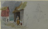 A Scene at Stavdal, and a Study of a Woman carrying two Pails (Leaf from a Sketch-Book of Norwegian Scenes)